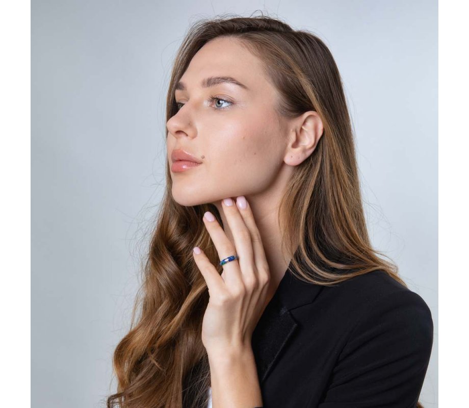 Rounded Sterling Silver Ring with Eilat Stone and Decorative Stripes