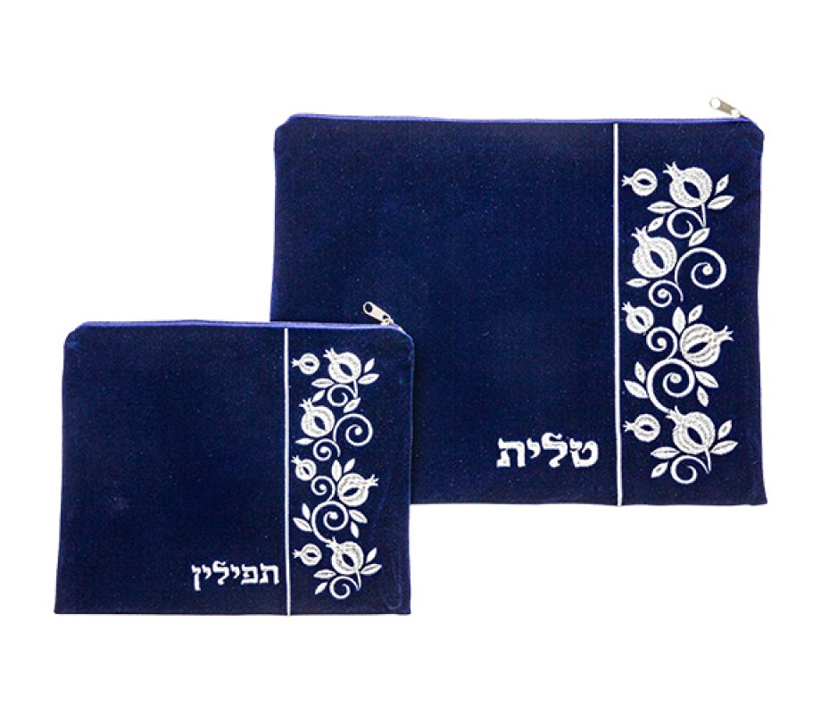Royal Blue Velvet Tallit and Tefillin Bag Set – Embroidered Pomegranates on Side