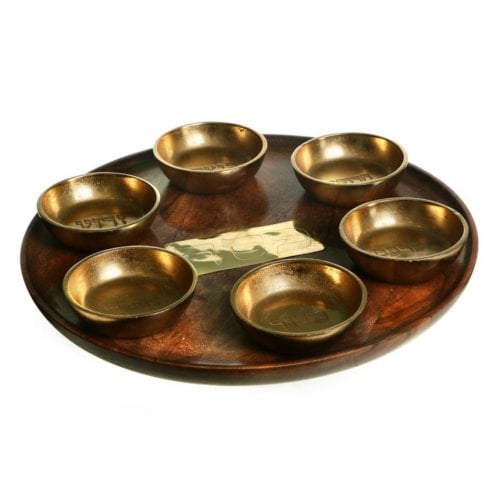 Rustic Wood Seder Plate with Six Matching Gold Aluminum Bowls