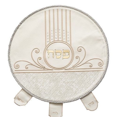 Seder Night Matzah Cover, White Faux Leather - Crystal Stones and Gold Embroidery