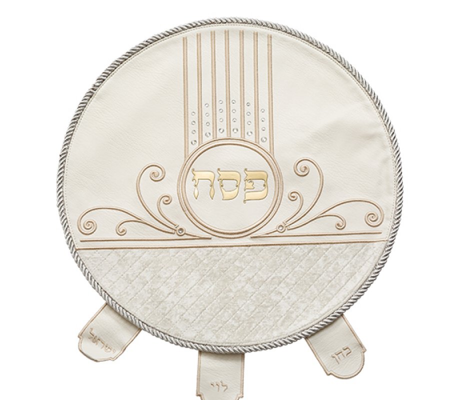 Seder Night Matzah Cover, White Faux Leather - Crystal Stones and Gold Embroidery