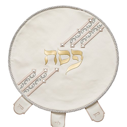 Seder Night Matzah Cover, White Faux Leather with Gold Embroidery and crystals