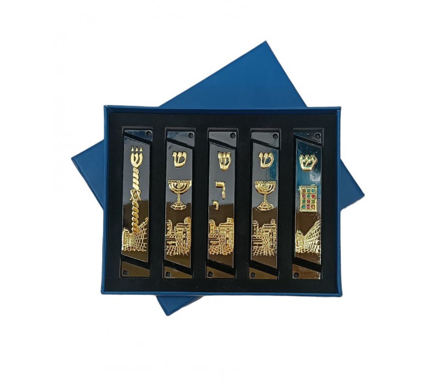 Set of 5 Mezuzah Cases with Decorative Judaica Motifs, Black & Gold - 4