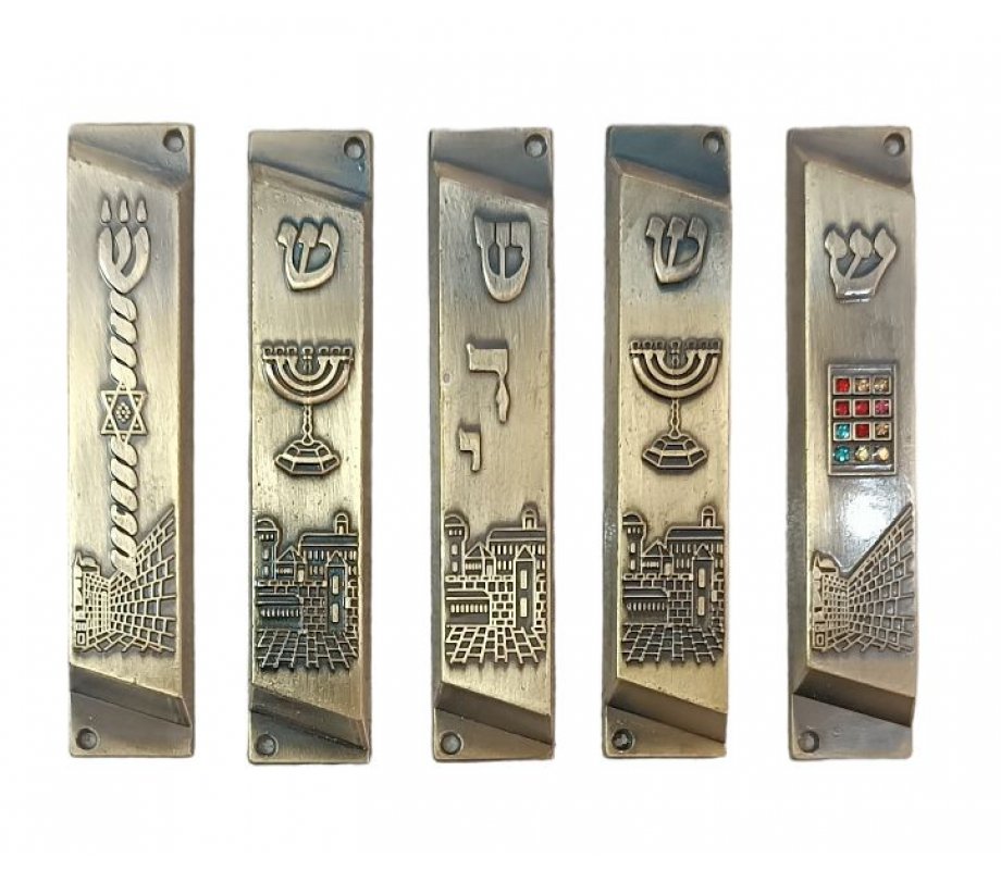 Set of 5 Mezuzah Cases with Decorative Judaica Motifs, Brass - 4