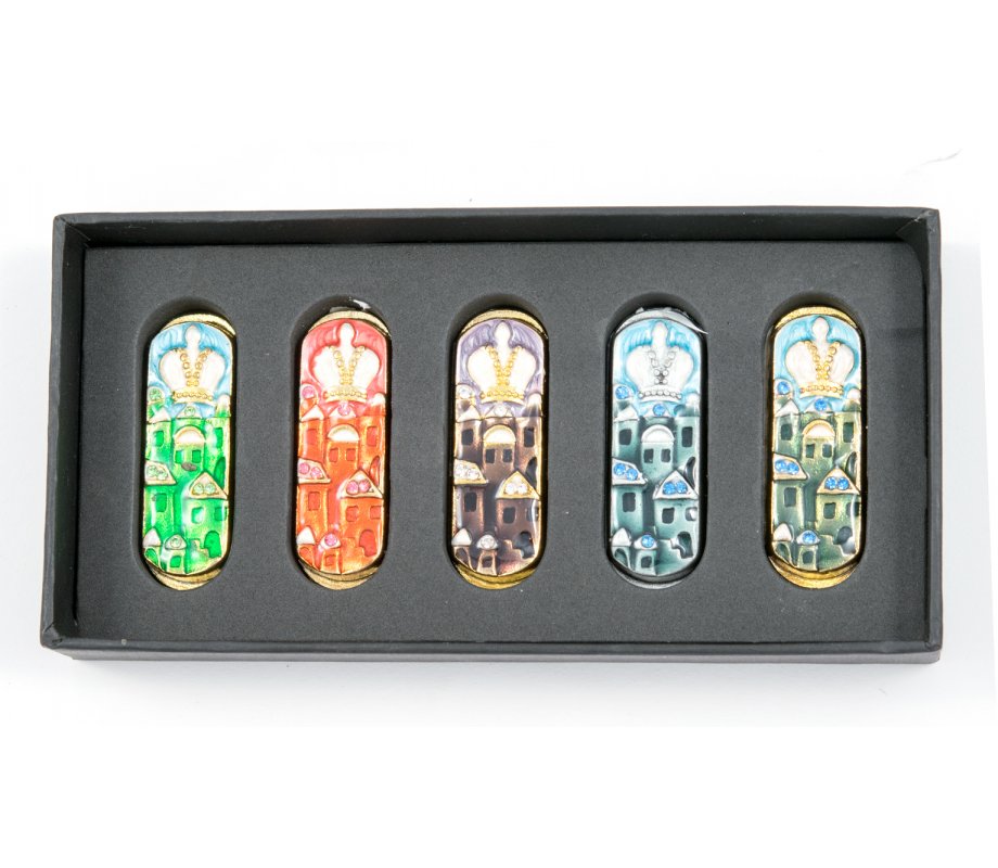 Set of Five Car Mezuzahs in Gift Box - Jerusalem and Crown Design