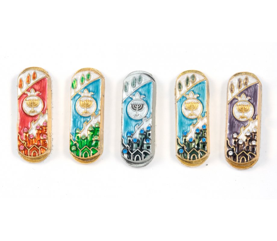 Set of Five Car Mezuzahs in Gift Box - Jerusalem and Menorah Design
