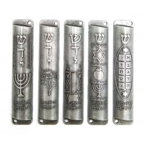 Set of Five Metal Mezuzah Cases with Divine Name and Motifs, Pewter - 4