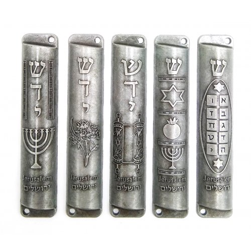 Set of Five Metal Mezuzah Cases with Judaica Themes - Pewter