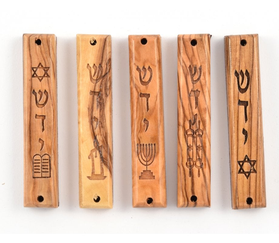 Set of Five Olive Wood Mezuzah Cases with Judaic Symbols - 3.5