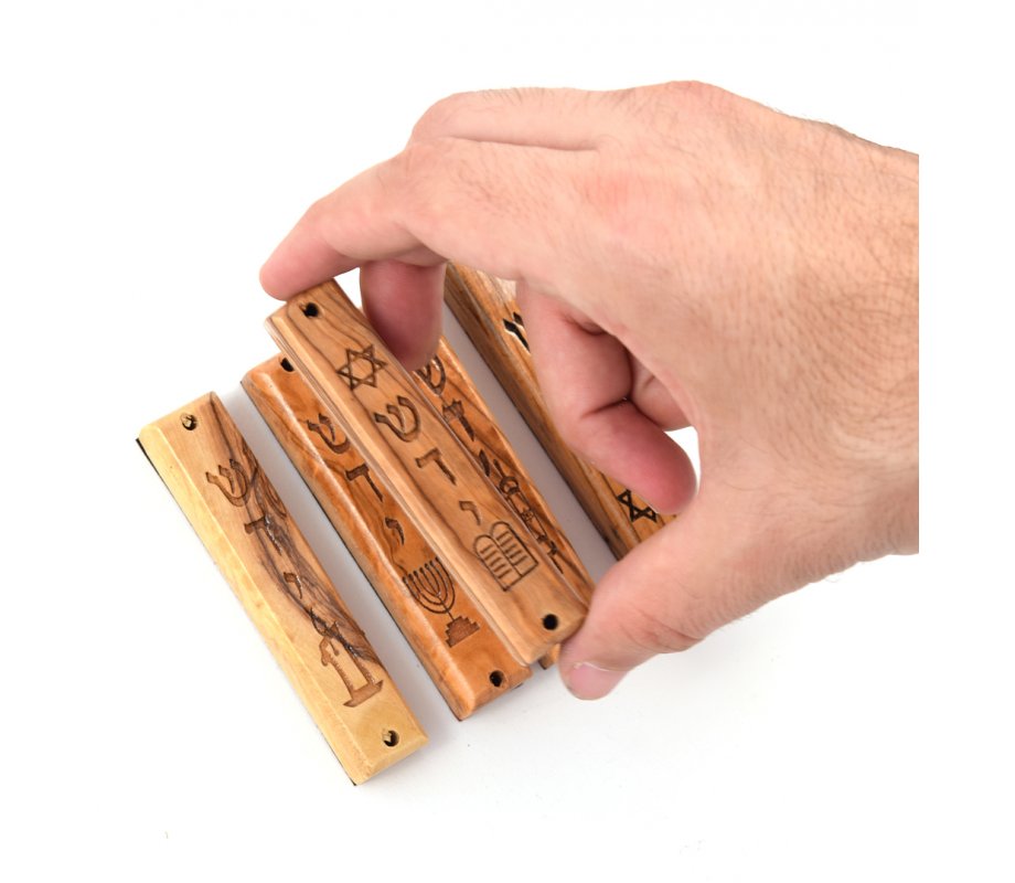 Set of Five Olive Wood Mezuzah Cases with Judaic Symbols - 3.5