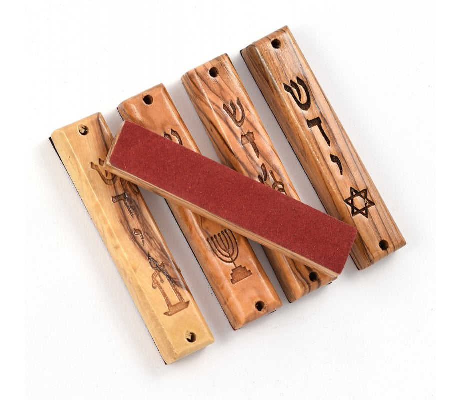 Set of Five Olive Wood Mezuzah Cases with Judaic Symbols - 3.5