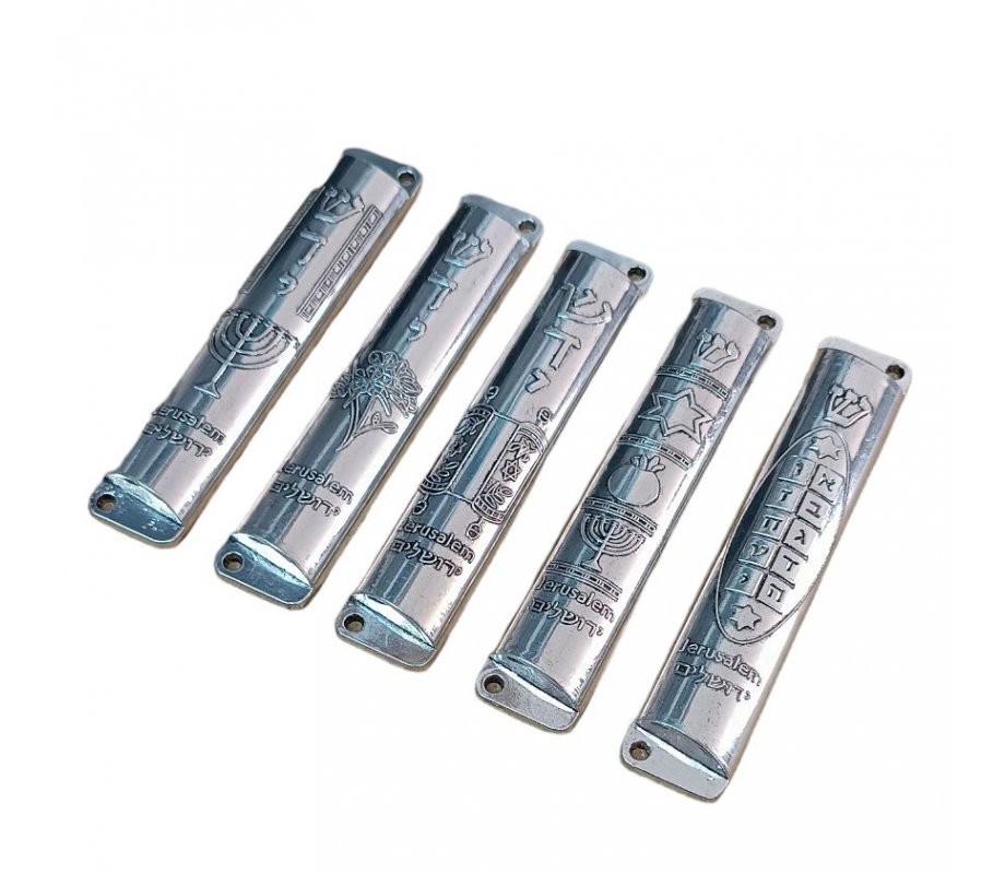 Set of Five Small Nickel Mezuzah Cases with Decorative Judaic Motifs - 4