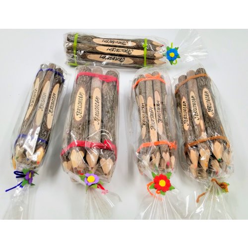 Set of Six Souvenir Olive Wood Colored Pencils Decorated with 