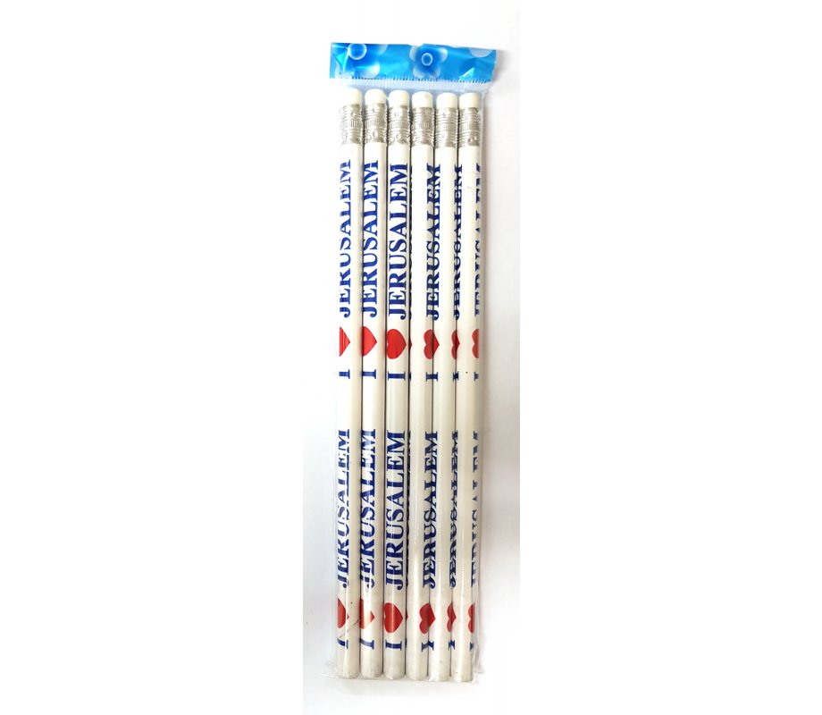 Set of Six Souvenir Wood Pencils Decorated with Red Heart and I Love Jerusalem