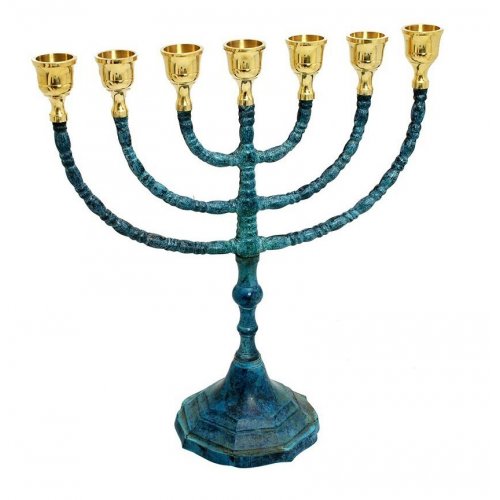 Seven Branch Blue Turquoise Patina Menorah, Gold Candleholders  12