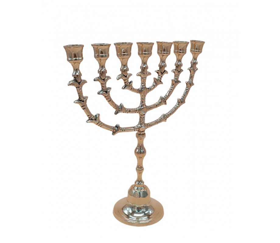 Seven Branch Decorative Menorah, Gleaming Gold Brass - 12.5