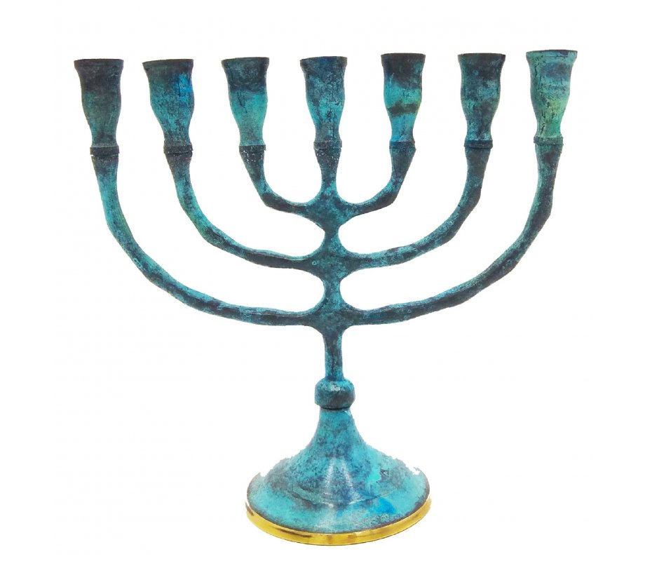 Seven Branch Menorah, Brass with Blue Patina Enamel Overlay – 6.5