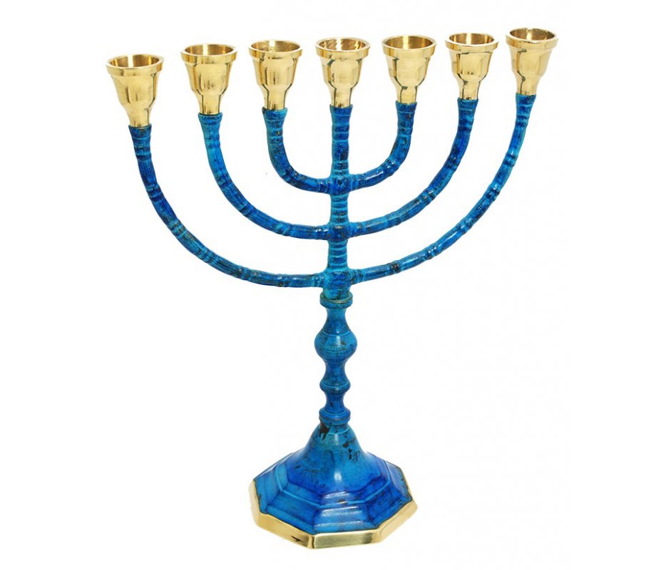 Seven Branch Menorah, Brass with Deep Blue Patina and Gold Finish – 10