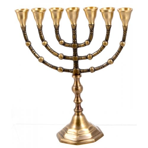 Seven Branch Menorah, Dark Gold Brass with Antique Look – Option 10
