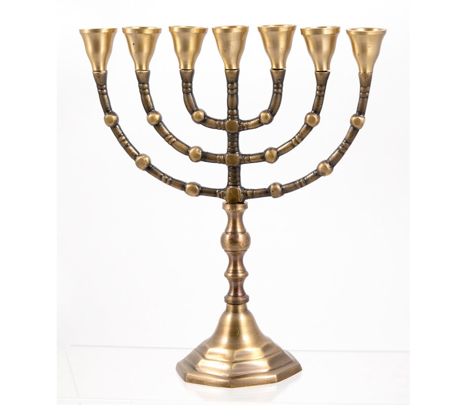 Seven Branch Menorah, Dark Gold Brass with Antique Look – Option 10