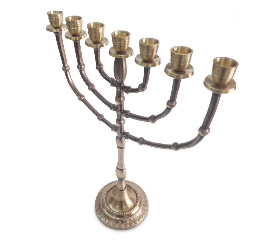 Seven Branch Menorah, Dark Gold Brass with Bead Decoration - 15