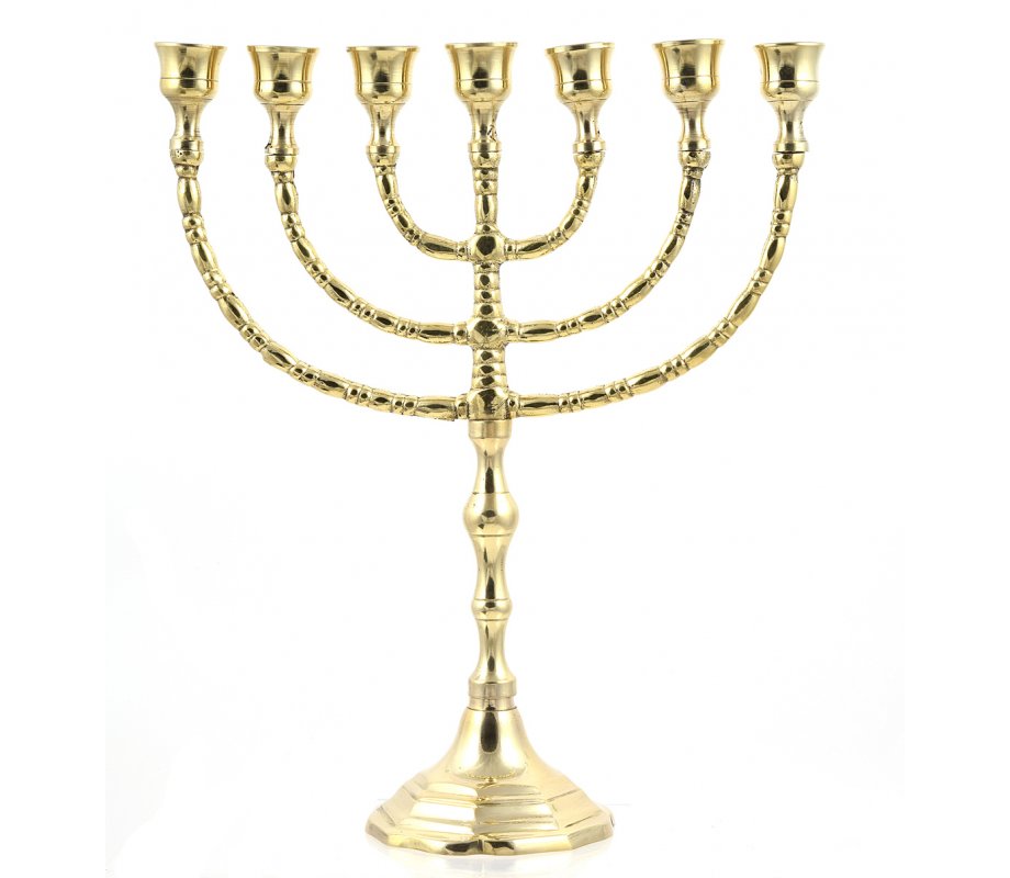 Seven Branch Menorah, Gleaming Gold Brass in Classic Design - Option 10