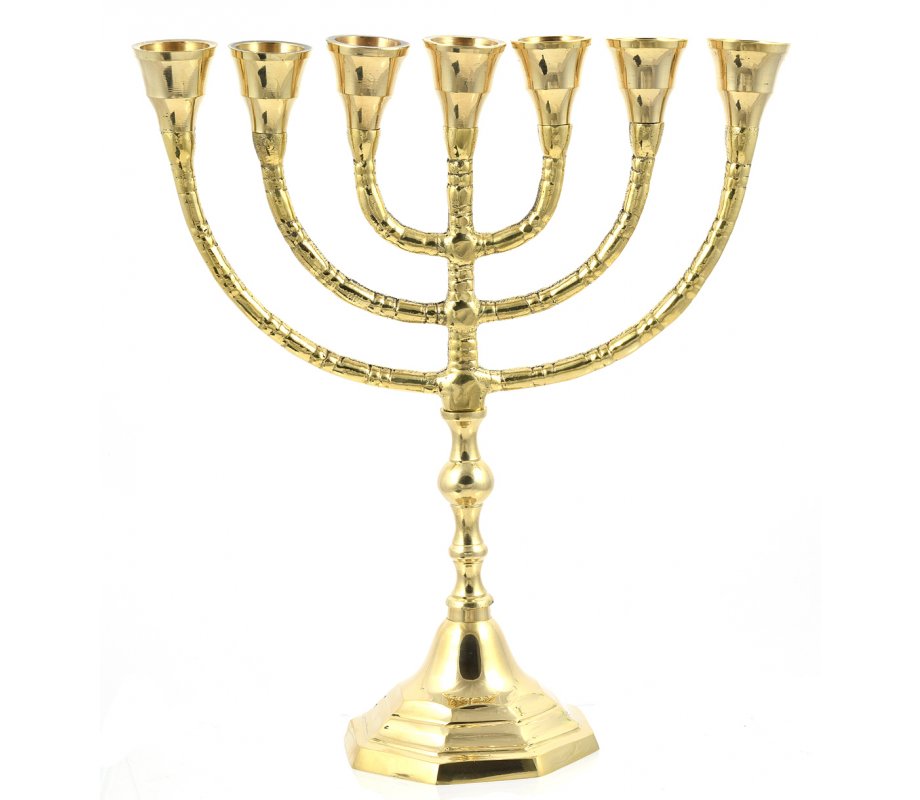 Seven Branch Menorah, Gleaming Gold Brass in Classic Design - Option 10