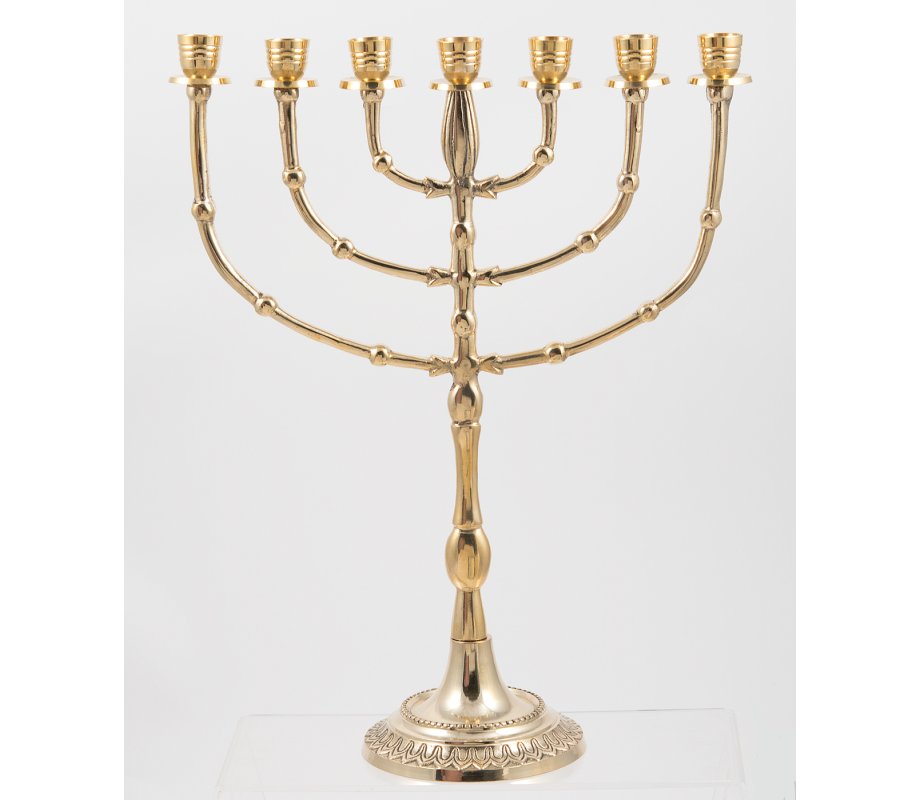 Seven Branch Menorah, Gleaming Gold Brass with Bead Decoration - 15