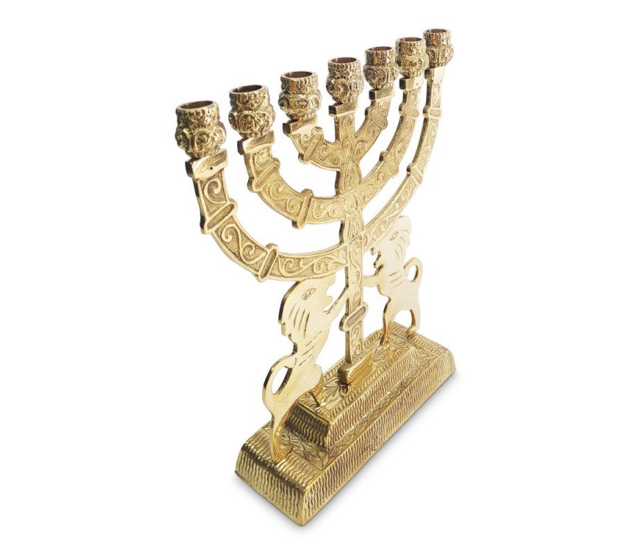 Seven Branch Menorah in Decorative Gold Colored Brass, Prancing Lions – 9”