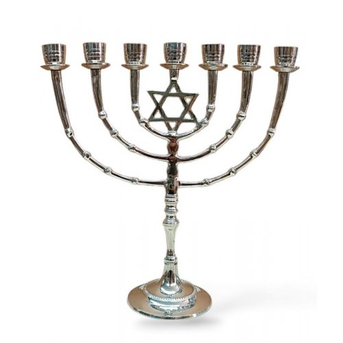 Seven Branch Menorah on Stem with Star of David, Nickel  11 Inches Height