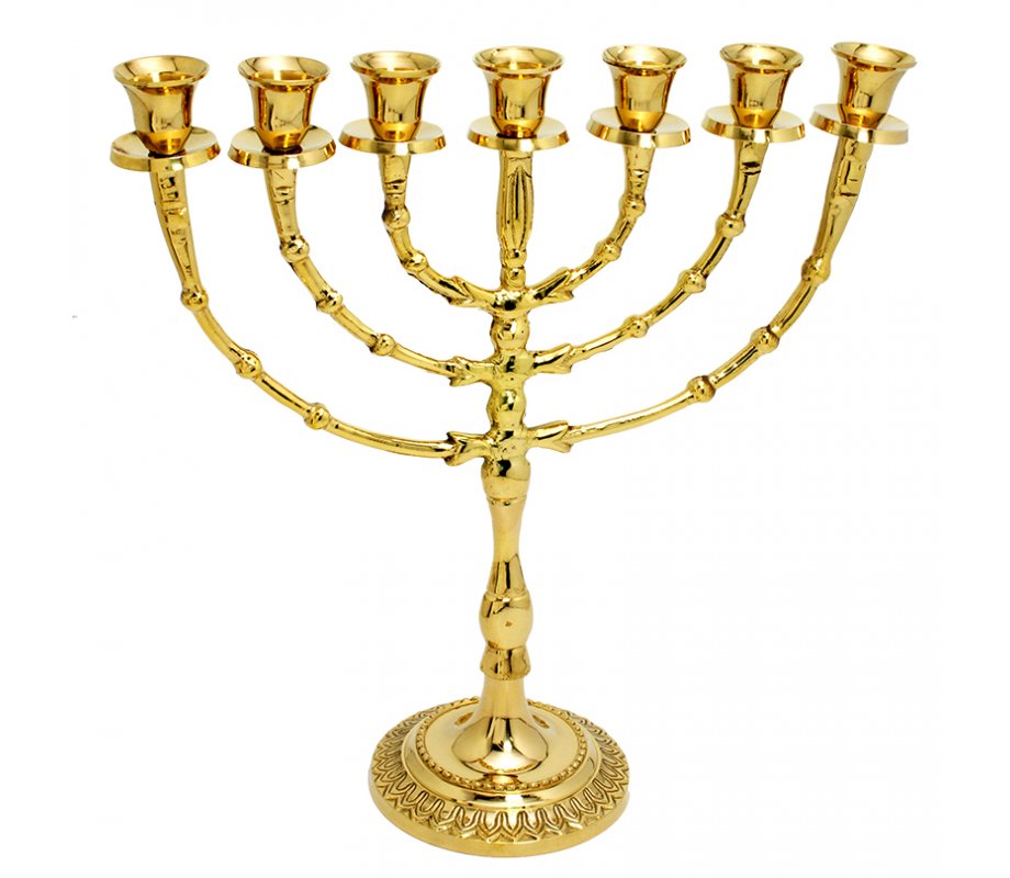 Seven Branch Menorah with Bead Design, Gleaming Gold Brass -12”