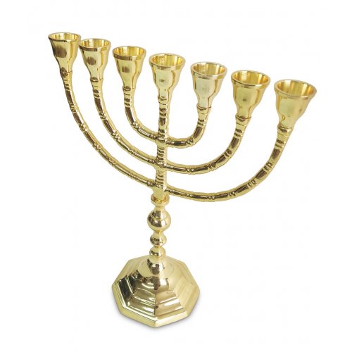 Seven Branch Menorah with Decorative Stem and Base, Gleaming Gold Brass  10