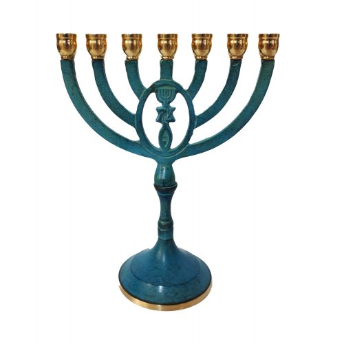 Seven Branch Menorah with Framed Oval Grafted In Design, Blue Patina - 8