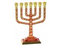 Seven Branch Menorah with Jerusalem Images & Judaic Motifs, Red and Gold - 9.5