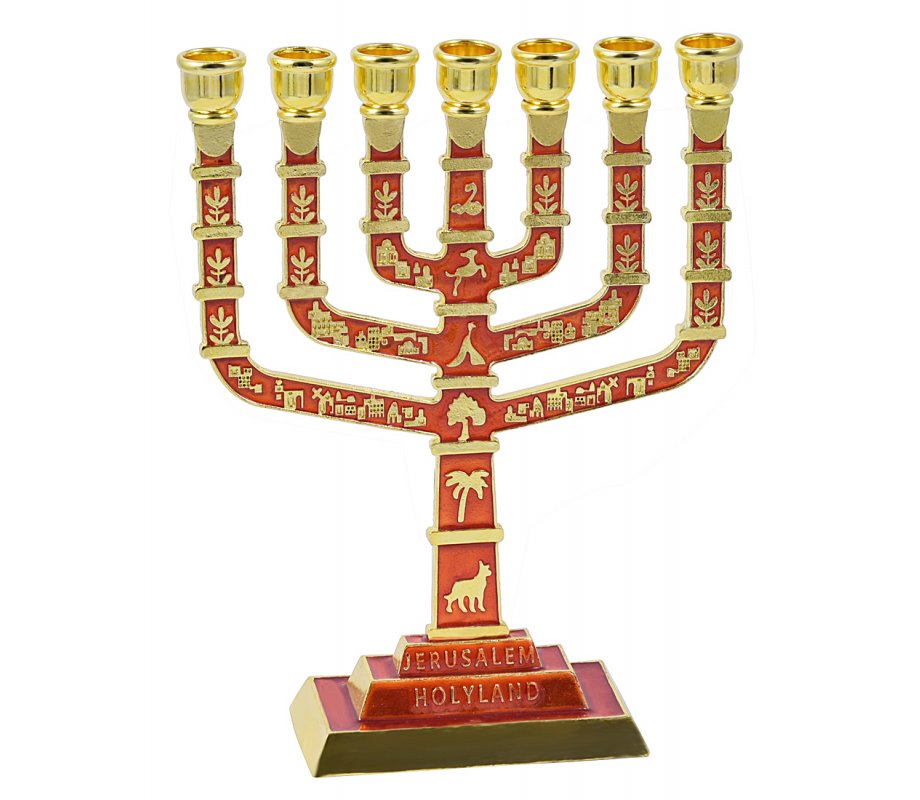 Seven Branch Menorah with Jerusalem Images & Judaic Motifs, Red and Gold - 9.5