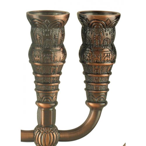 Seven Branch Menorah with Jerusalem Images, Bronze – Option 5.3