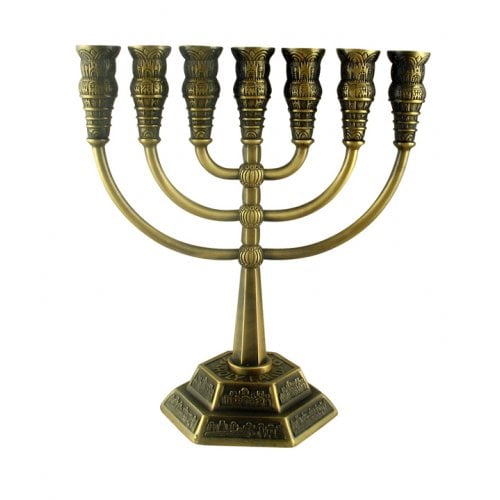 Seven Branch Menorah with Jerusalem Images, Copper - Option 5.3