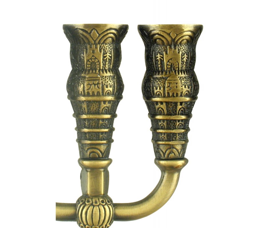 Seven Branch Menorah with Jerusalem Images, Copper - Option 5.3