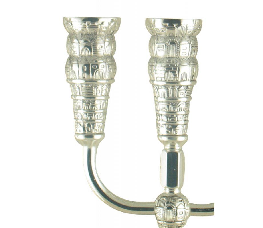 Seven Branch Menorah with Jerusalem Images, Silver - 5.3
