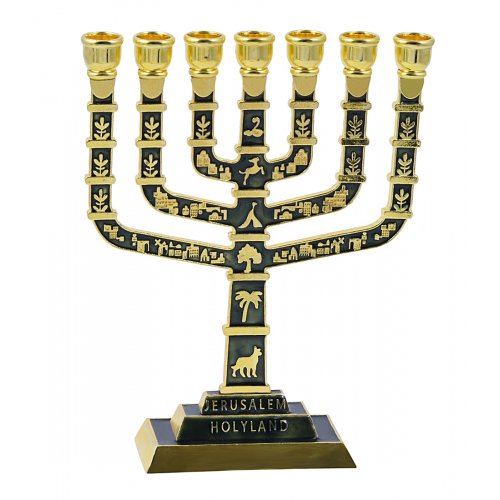 Seven Branch Menorah with Judaic & Jerusalem Motifs, Dark Green and Gold - 9.5