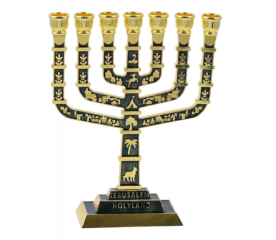 Seven Branch Menorah with Judaic & Jerusalem Motifs, Dark Green and Gold - 9.5
