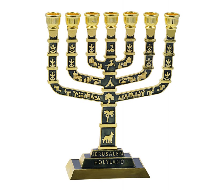 Seven Branch Menorah with Judaic & Jerusalem Motifs, Dark Green and Gold - 9.5