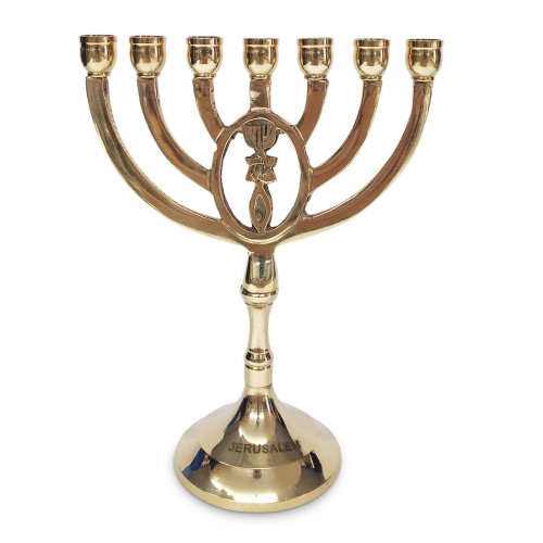Seven Branch Menorah with Oval Framed Grafted In Design, Shining Gold Brass - 8