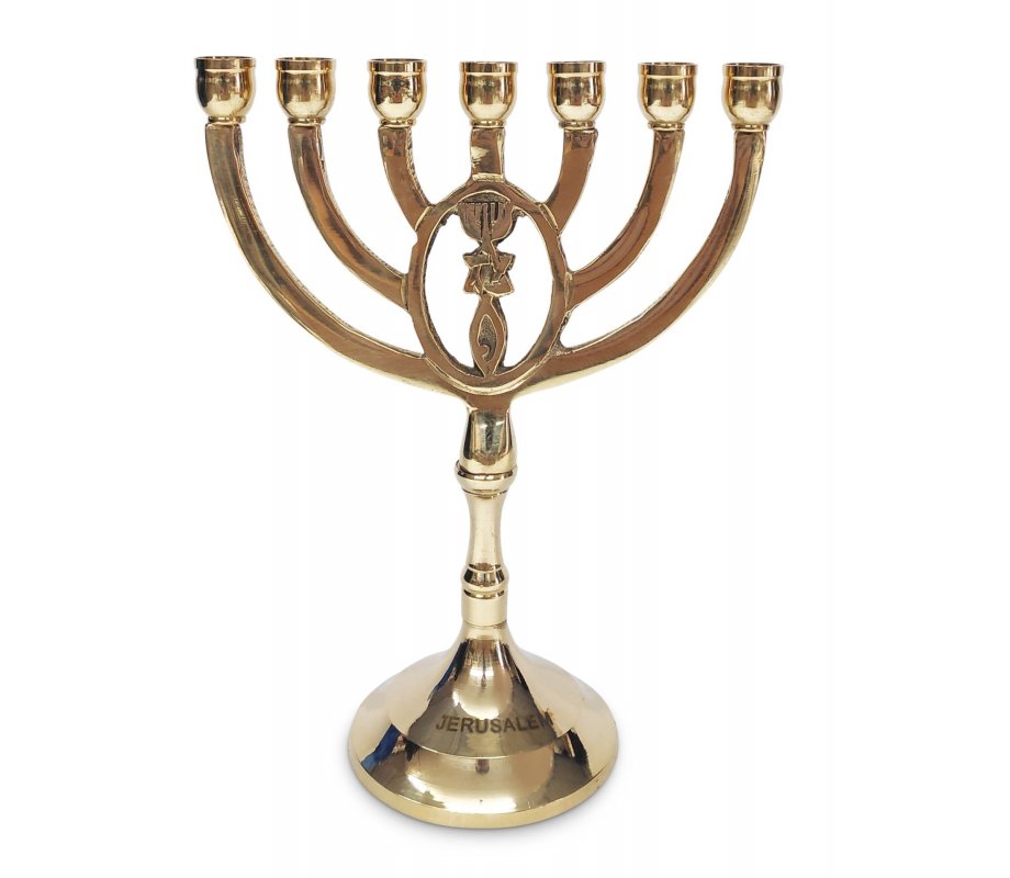 Seven Branch Menorah with Oval Framed Grafted In Design, Shining Gold Brass - 8