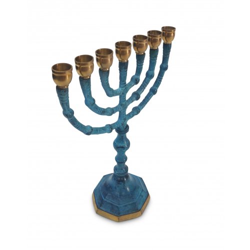 Seven Branch Patina Menorah, Decorative with Gold Candleholders  8 Inches