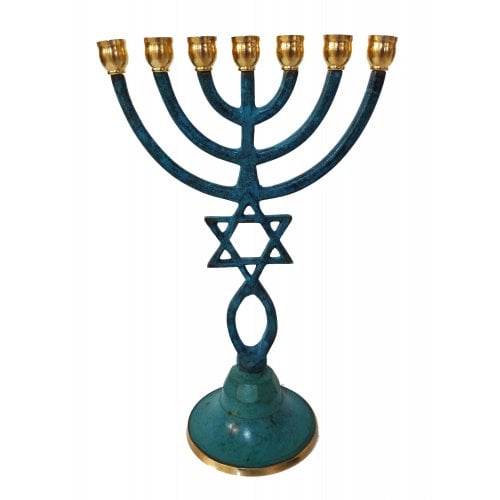 Seven Branch Patina Menorah with Star of David and Grafted In Symbol  9 Inches