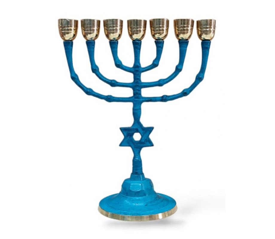 Seven Branch Patina Menorah with Star of David on Stem, Large Cups – 10