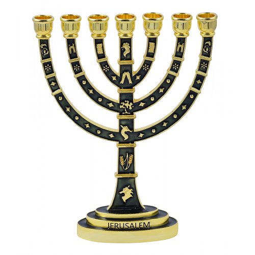 Seven-Branch Menorah, Gold Judaic Motifs on Dark Green Enamel - 9.5”