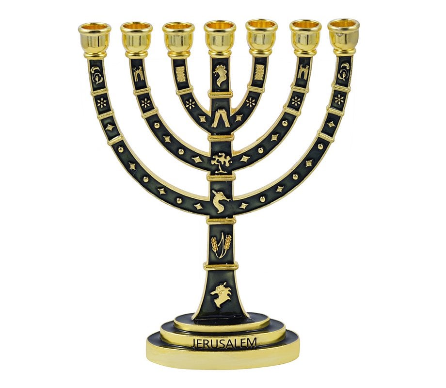 Seven-Branch Menorah, Gold Judaic Motifs on Dark Green Enamel - 9.5”