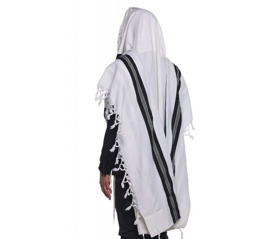 Shabbat Wool Tallit Non Slip Prayer Shawl with Lining - Black with Herringbone Stripe
